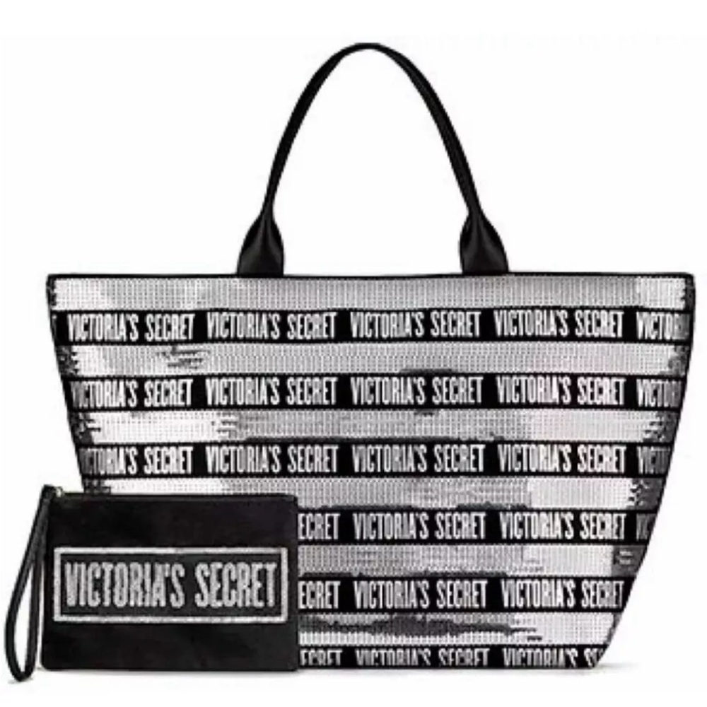 Victoria's Secret Black & Silver Sequins Weekender ToteBag w/Matching Wristlet